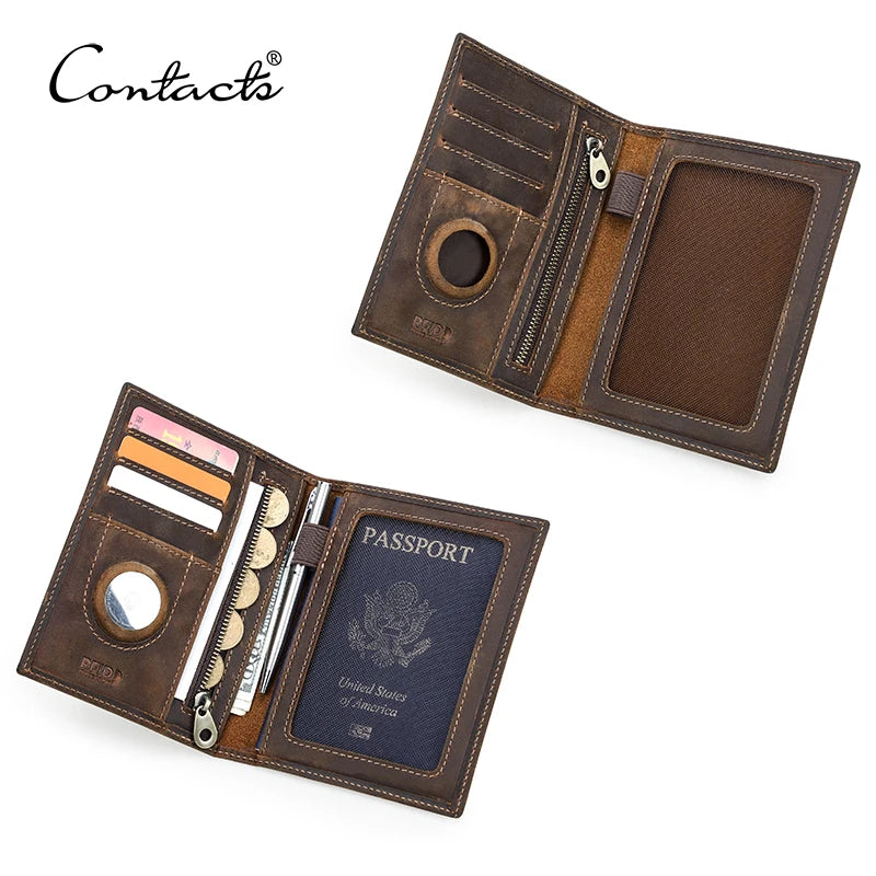 Genuine Leather Passport Wallet with AirTag Slot - Travel Organizer