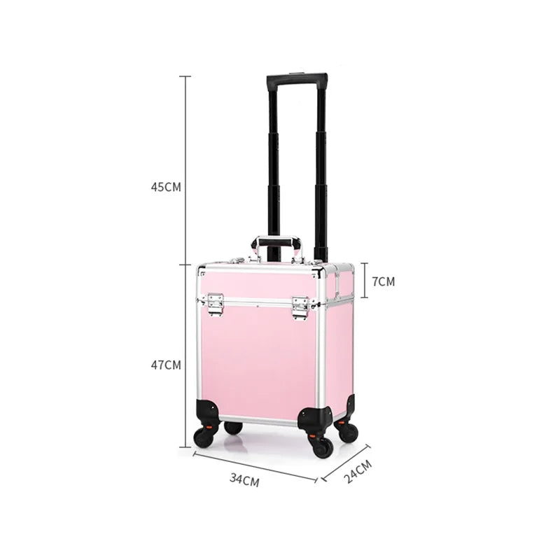 Professional Aluminum Rolling Makeup Case - Lockable Cosmetic Organizer with Trays