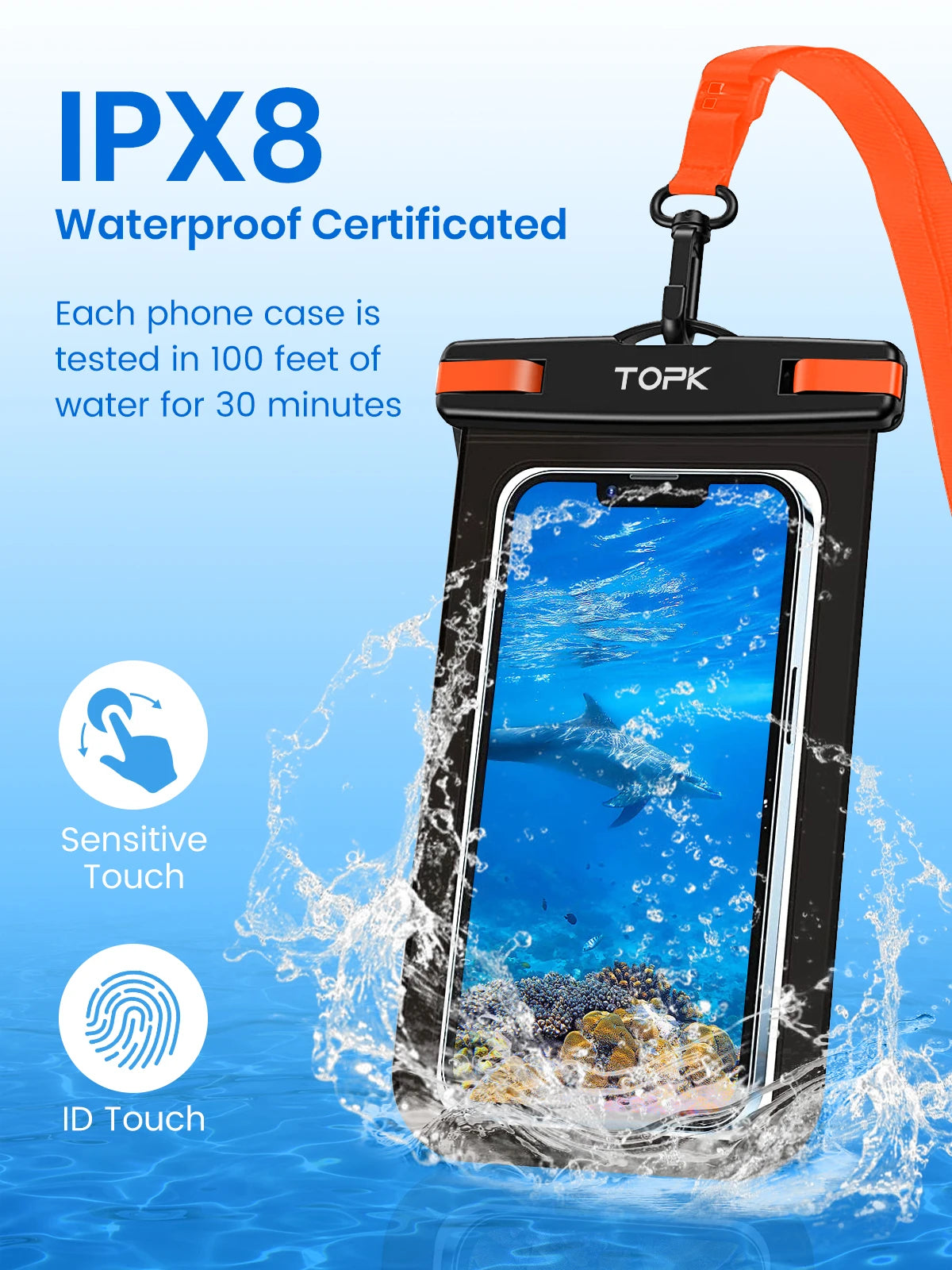 TOPK E01 Universal Waterproof Phone Pouch - IPX8 Dry Bag with Lanyard