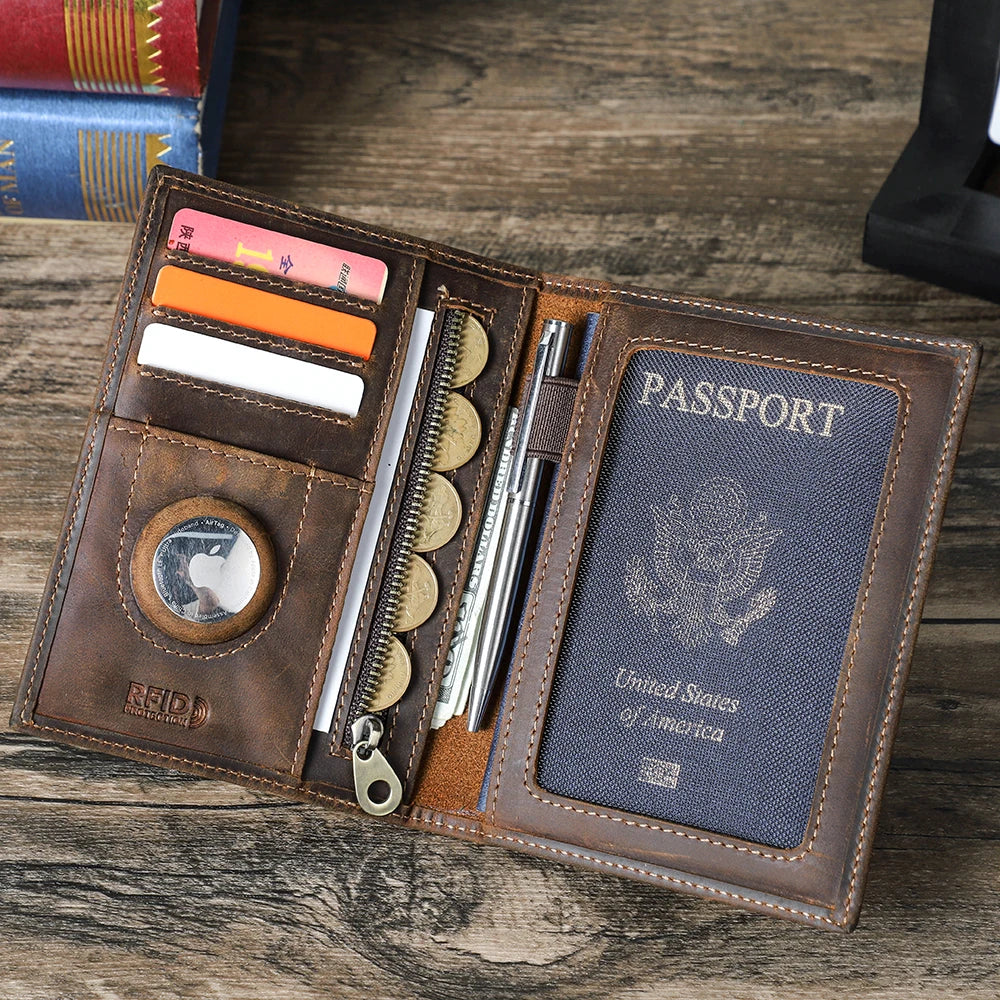 Genuine Leather Passport Wallet with AirTag Slot - Travel Organizer