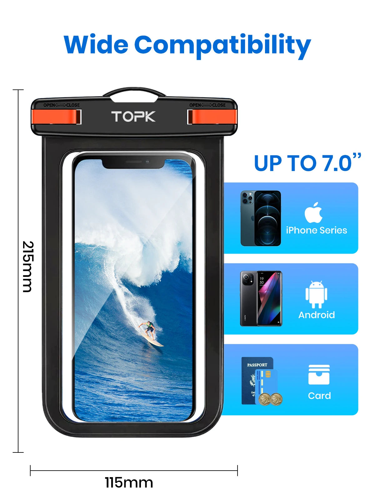 TOPK E01 Universal Waterproof Phone Pouch - IPX8 Dry Bag with Lanyard