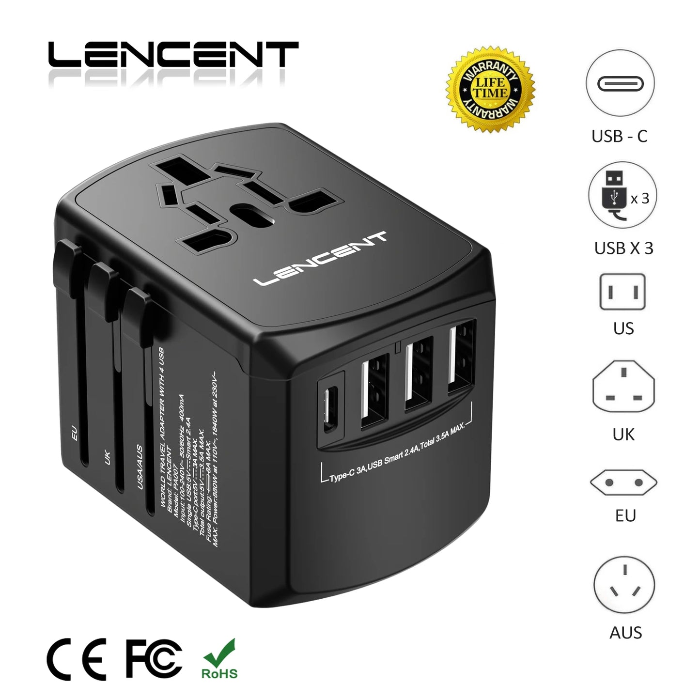 LENCENT Universal Travel Adapter - All-in-One International Power Adapter with 3 USB Ports & Type-C
