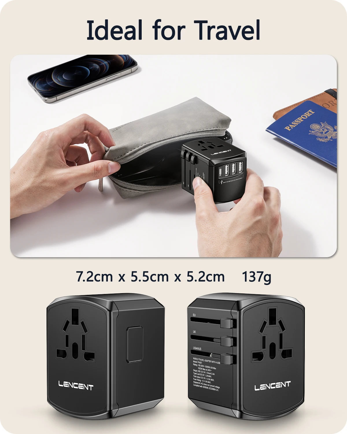 LENCENT Universal Travel Adapter - All-in-One International Power Adapter with 3 USB Ports & Type-C