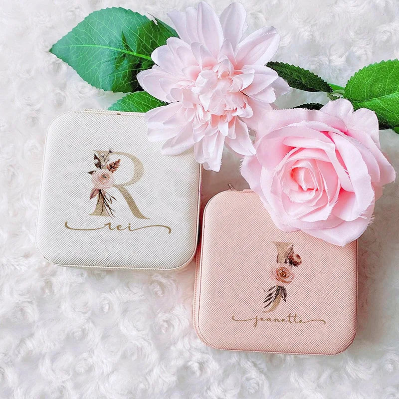 Personalized Leather Travel Jewelry Case - Custom Name Zipper Jewelry Box for Women