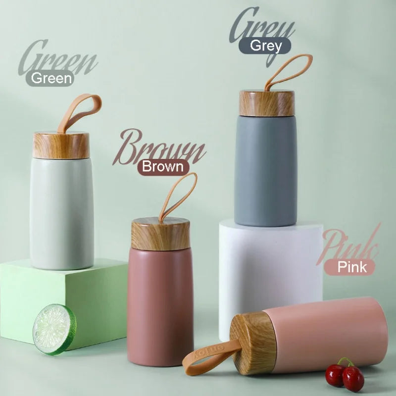 Mini Stainless Steel Thermos Cup with Wood Grain Lid - 280ml Portable Vacuum Insulated Water Bottle