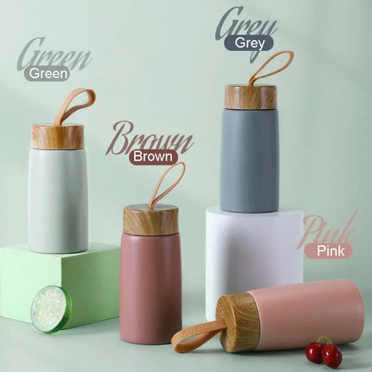 Mini Stainless Steel Thermos Cup with Wood Grain Lid - 280ml Portable Vacuum Insulated Water Bottle