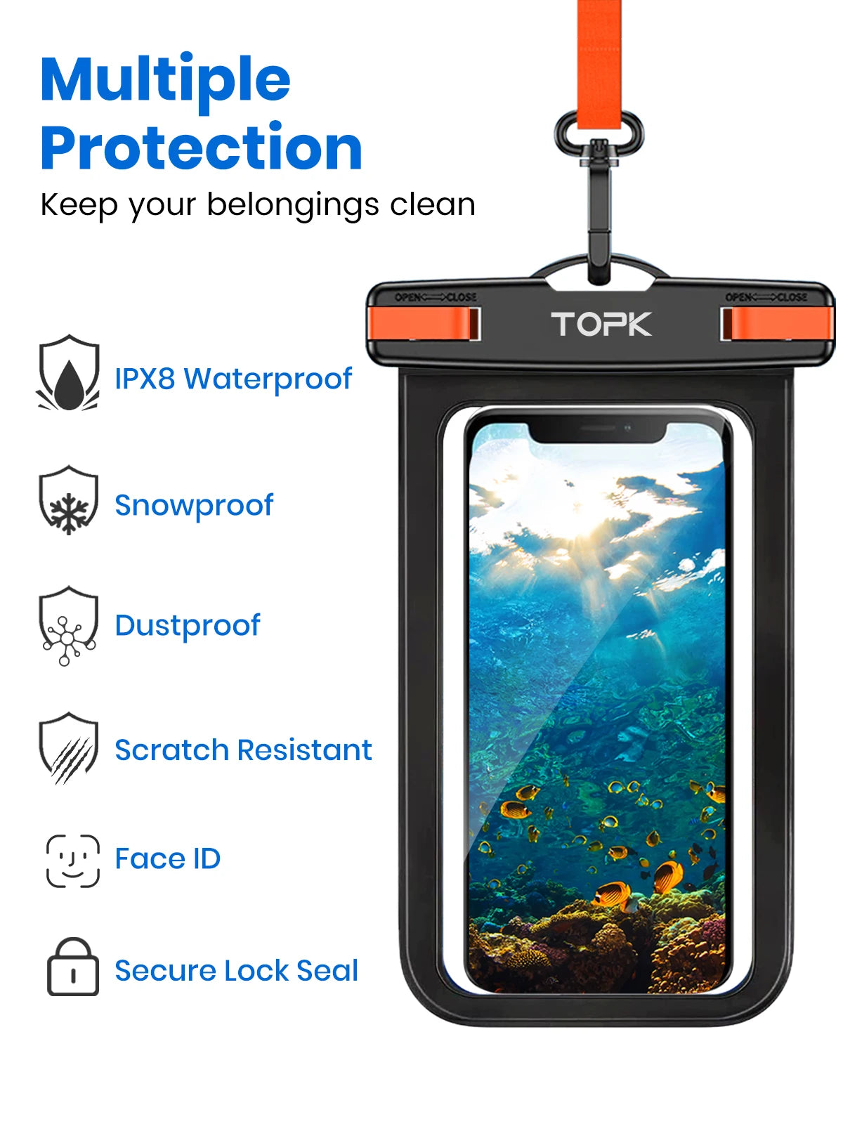 TOPK E01 Universal Waterproof Phone Pouch - IPX8 Dry Bag with Lanyard