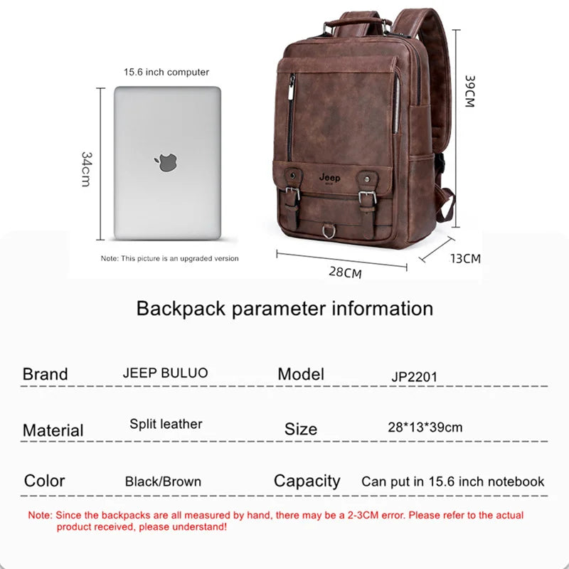 JEEP BULUO Premium Leather Business Backpack - 15.6" Laptop Travel Bag