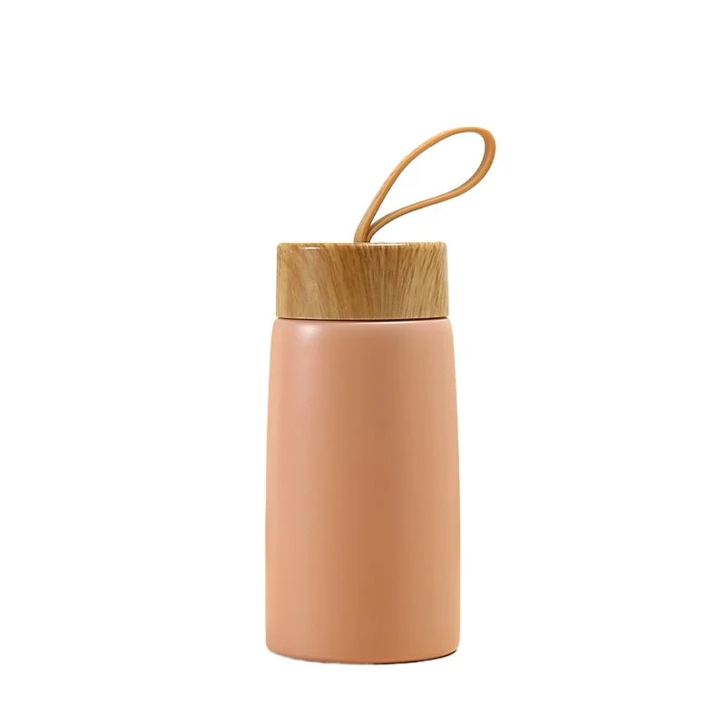 Mini Stainless Steel Thermos Cup with Wood Grain Lid - 280ml Portable Vacuum Insulated Water Bottle