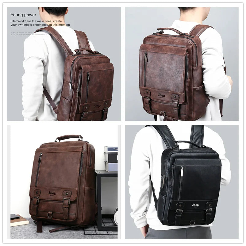 JEEP BULUO Premium Leather Business Backpack - 15.6" Laptop Travel Bag