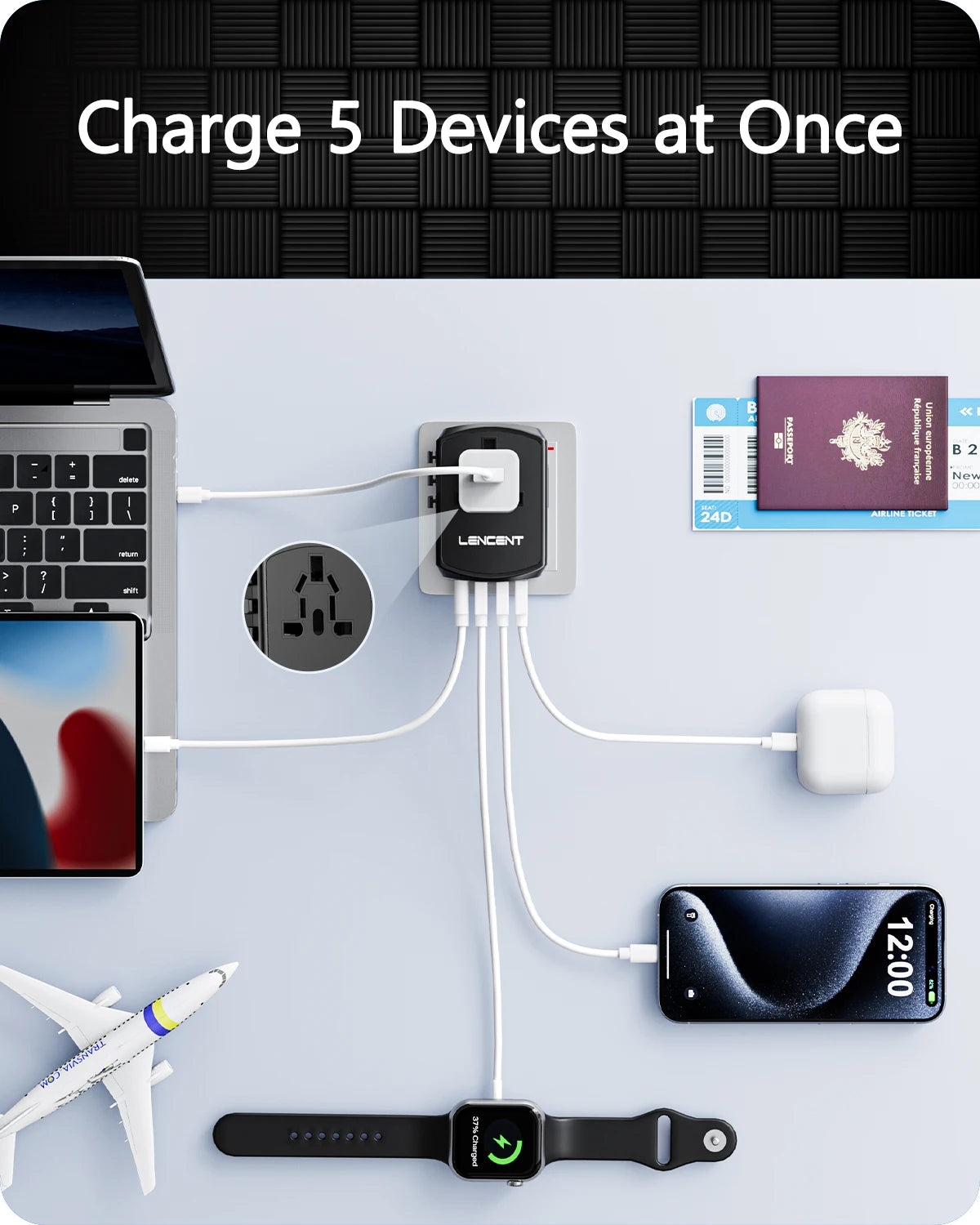 LENCENT Universal Travel Adapter - All-in-One International Power Adapter with 3 USB Ports & Type-C